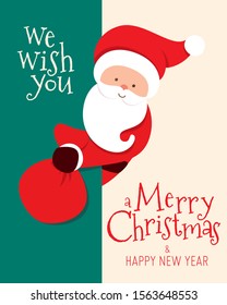 Merry Christmas card with Santa Claus peeking and holding presents bag. Cartoon character of a man with beard. Vector illustration