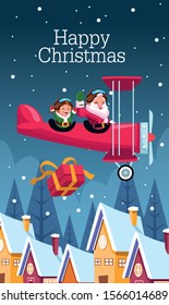 merry christmas card with santa claus and elf in airplane vector illustration design