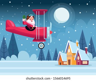 merry christmas card with santa claus in airplane vector illustration design