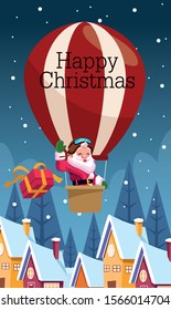 merry christmas card with santa claus in balloon air hot vector illustration design