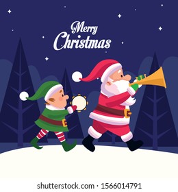 merry christmas card with santa claus and elf playing instruments vector illustration