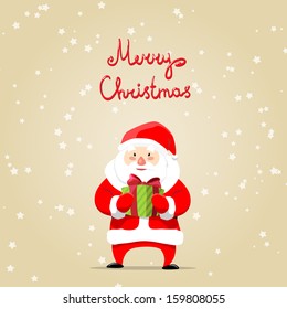 Merry christmas card with santa claus and gift