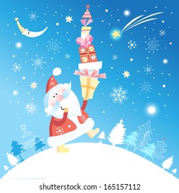 Merry Christmas card with Santa Claus and gifts on blue snowy background 