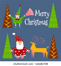 Merry Christmas Card with Santa Claus and Elf and Reindeer