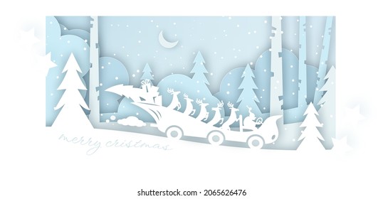 Merry christmas card of santa claus sleigh with reindeer in snowy forest. Greeting postcard in paper cut craft style. Vector hand drawn illustration