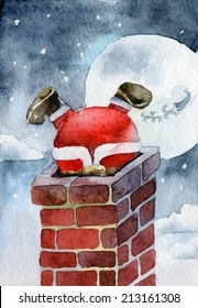 Merry Christmas card. Santa Claus stuck in the chimney. Vector illustrations