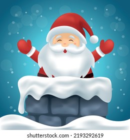 Merry christmas card of santa claus waving in a chimney in winter landscape on good night. 3D christmas greeting card.
