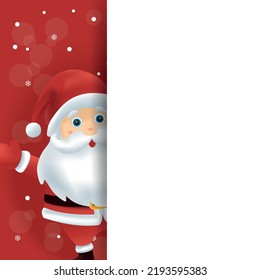 Merry christmas card of santa claus waving behind sign. 3D christmas greeting card. Christmas banner with copy space for text