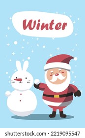 Merry Christmas Card. Santa Claus makes a Snowman in Christmas snow scene. Winter landscape. EPS New year