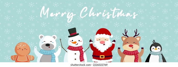 Merry Christmas! ,Christmas card with Santa Claus, Gingerbread, Snowman, Reindeer, Penguin, and Polar Bear Vector illustration.