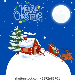 Merry Christmas card with Santa Claus will fly in the sky on a sleigh with reindeer at night, beautiful full moon in the background, vector illustration. Vector illustration in cute cartoon style.