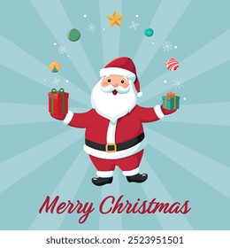 Merry Christmas card with Santa Claus. Holiday cartoon character in winter season. Vector illustration.