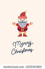 Merry Christmas Card with Santa Claus. Greeting card on light beige background. Christmas and New Year. Vector illustration.