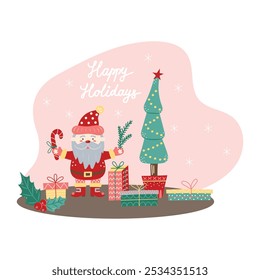 Merry Christmas Card with Santa Claus. Greeting card on pink background. Christmas and New Year banner. Vector illustration.