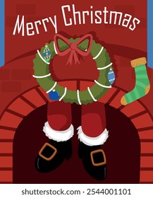 Merry Christmas card - Santa Claus climbing down a chimney