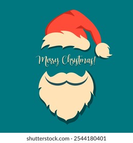 Merry Christmas card with Santa Claus beard and hat, winter holidays design on blue background. Vector flat illustration of cute smiling Santa face, noel poster.