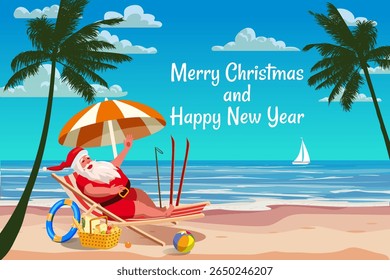 Merry Christmas card, Santa Claus in the swimsuit on the resort tropical, resting in deck chair with cocktail