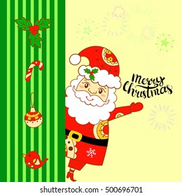 Merry christmas card with santa claus and decoration elements.
