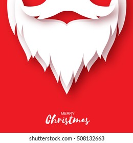 Merry Christmas card with Santa Claus beard and mustache. Paper art style. Vector illustration