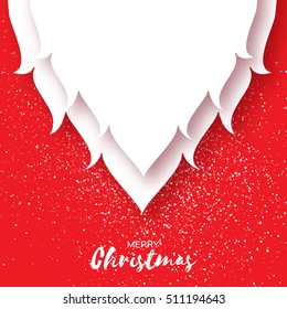 Merry Christmas card with Santa Claus beard on red background. Paper art style. Vector illustration