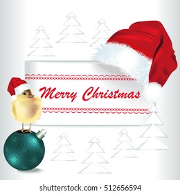 Merry Christmas card with Santa Claus Cap on a white background and chicken. Christmas balls. Vector Illustration