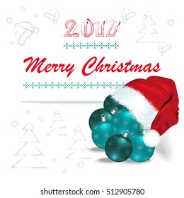 Merry Christmas card with Santa Claus Cap on a white background and Christmas balls. Vector Illustration