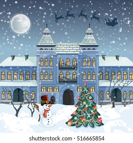 Merry Christmas card . Santa Claus with deers in sky above the city. 