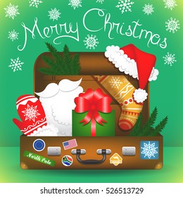 Merry Christmas card. Santa Claus travel suitcase. Santa Claus elements. Christmas decoration set.
