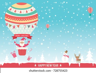 Merry Christmas card with santa claus on cute hot air balloon on snow background.