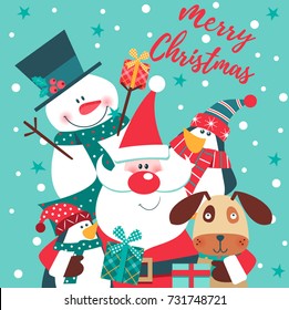 Merry Christmas card with Santa Claus, snowman, penguin and dog. Vector illustration.