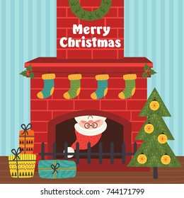 Merry Christmas card with Santa Claus inside fireplace - vector illustration, eps