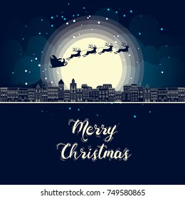 Merry Christmas card with Santa Claus above the city