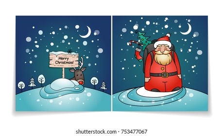 Merry Christmas card with Santa Claus. Cover and back of holiday card. Snowy winter background, Santa with gifts and reindeer