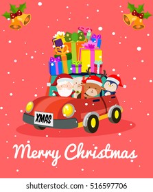 merry christmas card with santa clause and friends traveling on car set two