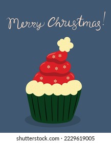 Merry Christmas Card with Santa Hat Cupcake.Ideal for posters, postcards, invitations, and banners.