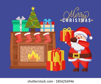 Merry Christmas card, Santa holding girt box near burning fireplace decorated by colorful socks, gift boxes with wrapped ribbons and fir-tree vector