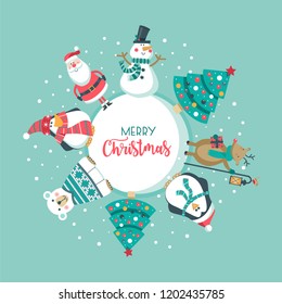 Merry Christmas card with Santa, penguin, polar bear ,tree, deer and snowman.