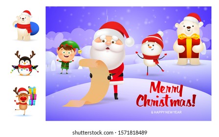 Merry Christmas card with Santa reading. Lettering with decorations can be used for invitation and greeting card. Holiday concept