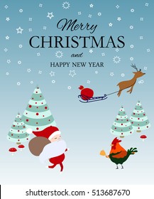 
Merry Christmas card with Santa, red rooster and deer. Merry christmas and Happy new year