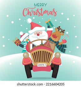 Merry Christmas card with Santa, reindeer and penguin in the red car.Vector illustration. 