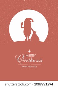 Merry Christmas card santa sleight night tree greeting text lettering blue snowy night background vector.