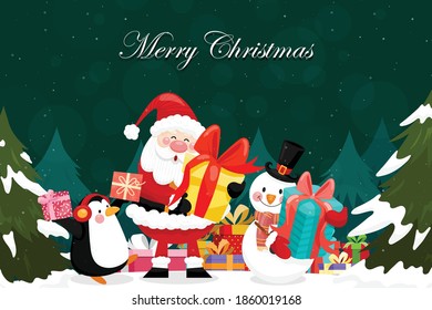 Merry Christmas card with santa, snowman, penguin and gift box.