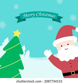 Merry Christmas card. Santa and Christmas tree. Snowy background. Vector illustration