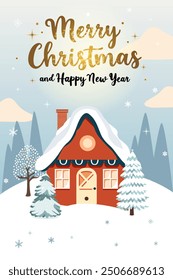 Merry Christmas card with scandi house. Gold lettering. Vector illustration for New year invitation, postcard and banner