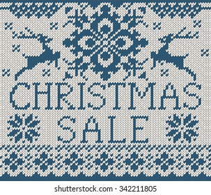 Merry Christmas card. Scandinavian style knitted seamless pattern with deer and snow flakes. Sweater with deers.