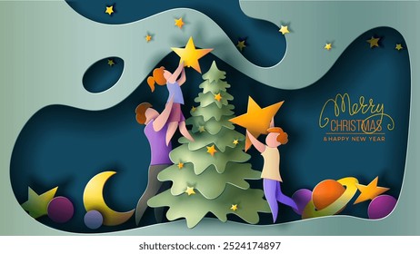 Merry Christmas card with scenes of family decorating Christmas tree, Father with daughter and son decorate Christmas tree with gold stars. Paper cut style clipart. vector illustration