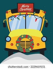  Merry Christmas Card with School Bus decorations Christmas Lights and a Wreath