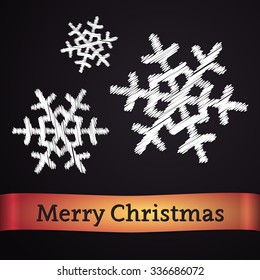 Merry christmas card with scribbled snowflakes and text. Vector illustration. 