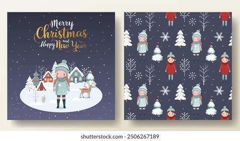 Merry christmas card and seamless pattern with snowy trees, cute girl, houses and lettering. Christmas template. Wintry scenes.