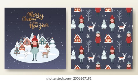 Merry christmas card and seamless pattern with girl, snowy trees, houses and lettering. Christmas template. Wintry scenes.